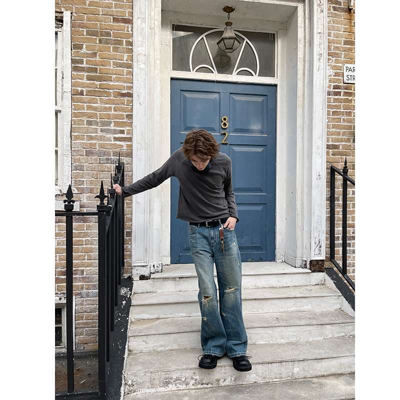 アメリカンスタイル ヴィンテージ風ダメージ加工ワイドデニム