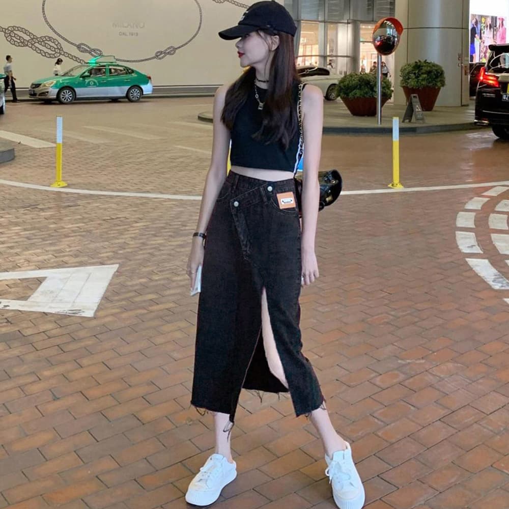 デニムスカート ウエストレイヤード風美脚ミモレ丈　スリットスカート