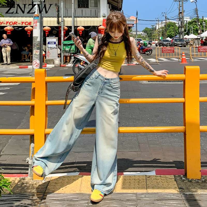 韓国スタイル ストリートワイドデニムパンツ