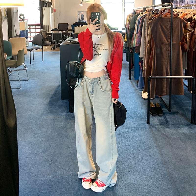 カジュアルスタイル ルーズフィット ワイドレッグ デニムパンツ