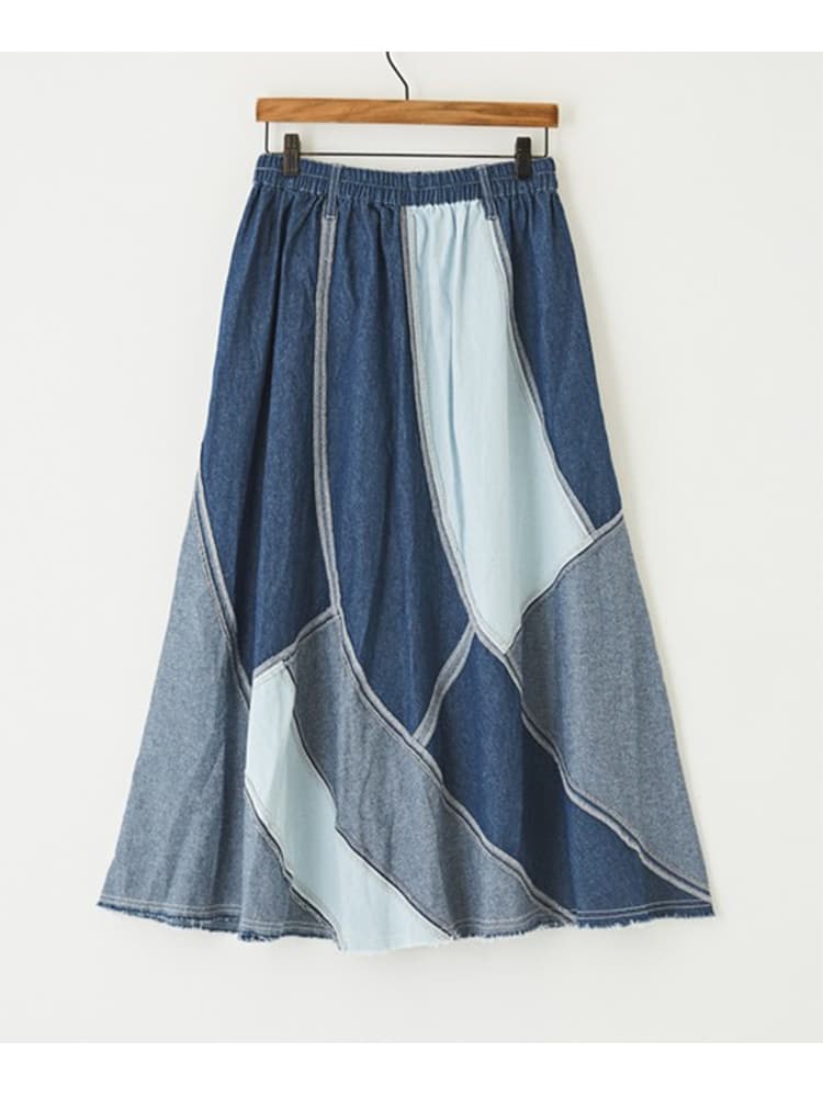 デニムスカート パッチワーク風デニムロングフレアスカート
