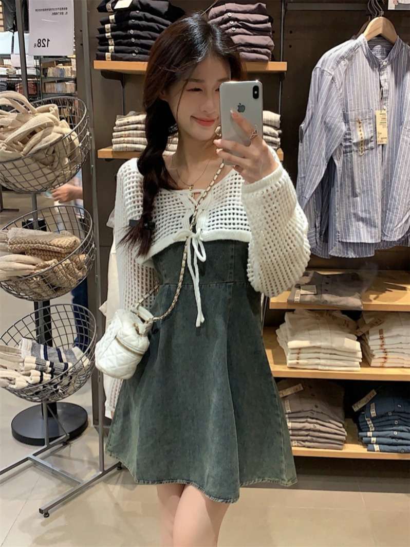 韓国スタイル 春夏デニムキャミワンピ×ニットカーディガンセット