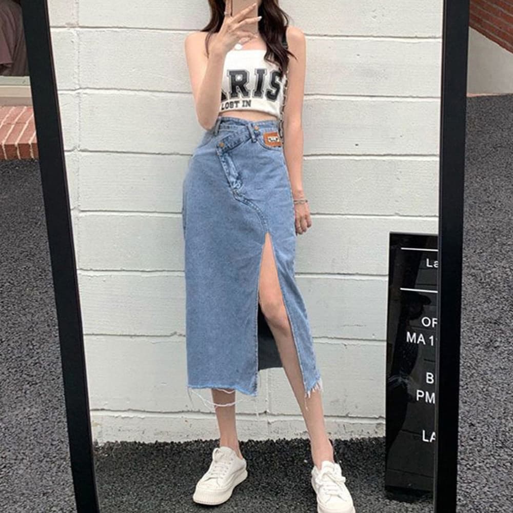 デニムスカート ウエストレイヤード風美脚ミモレ丈　スリットスカート