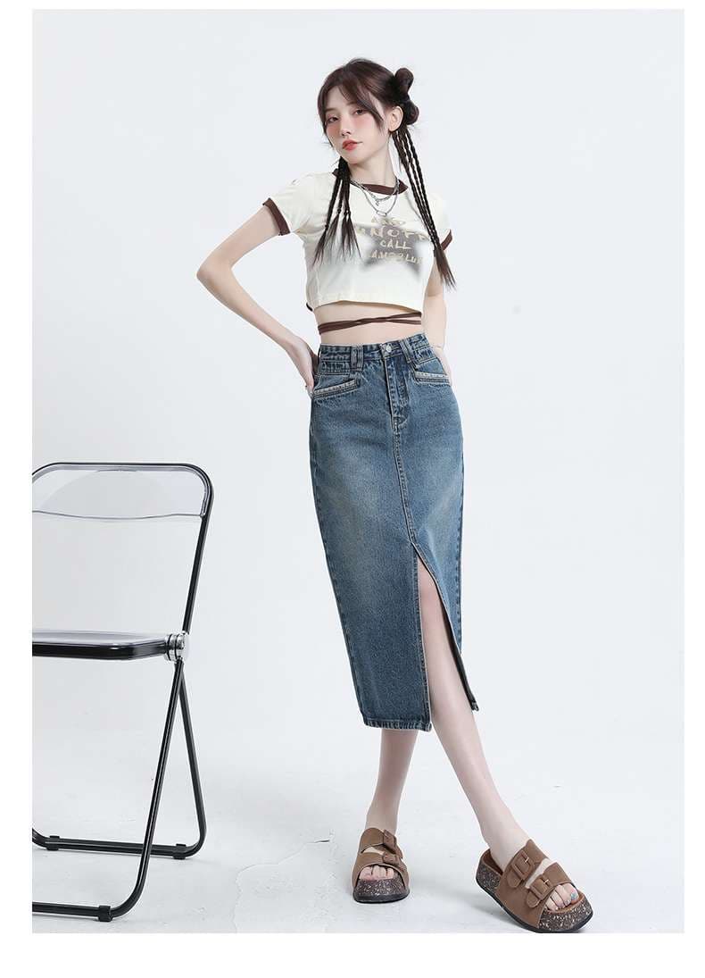 韓国スタイル　ミドル丈デニムタイトスカート