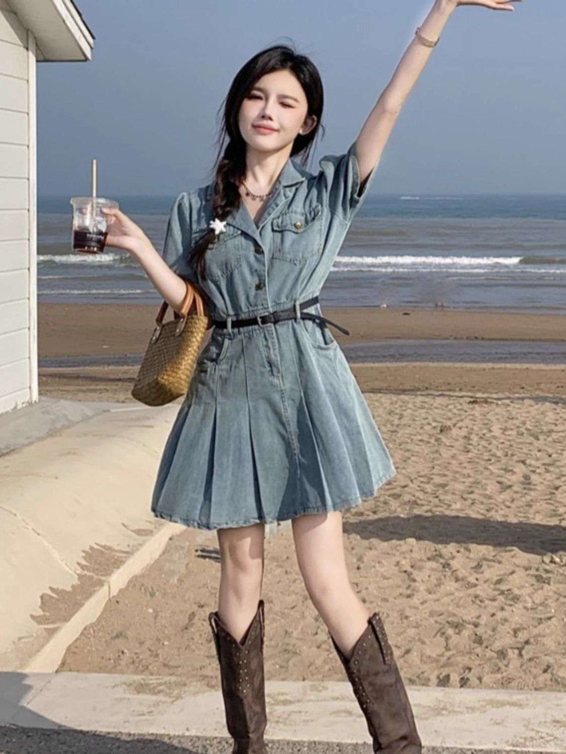 韓国スタイル 爽やかビーチデニムシャツワンピース