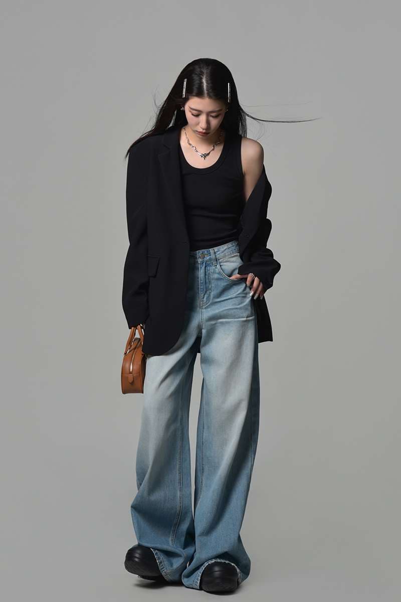 カジュアルスタイル 90年代風ワイドデニムパンツ