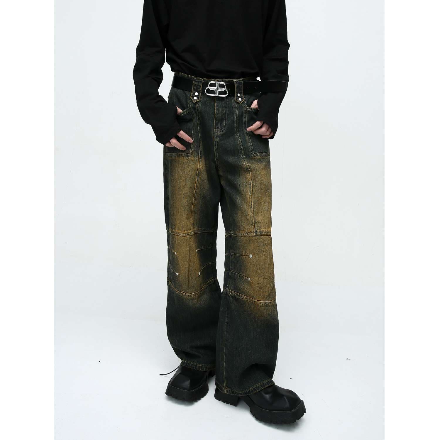 韓国スタイル ヴィンテージ風デニムジャケット＆ワイドパンツセット