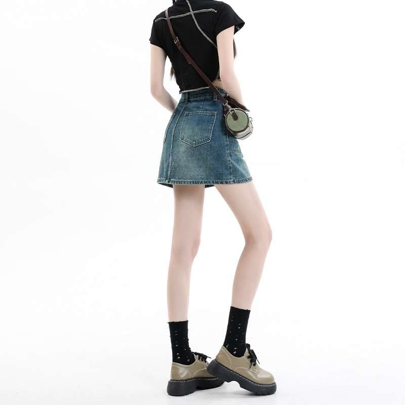 韓国スタイル ヴィンテージウォッシュ ミニデニムスカート