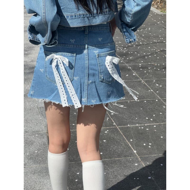 デニムスカート ハイウエストレースリボンデニムミニスカート