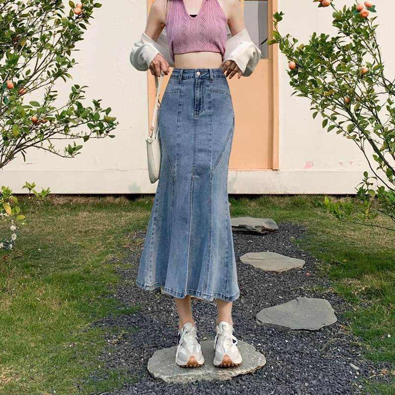 韓国スタイル マーメイドシルエット デニムロングスカート
