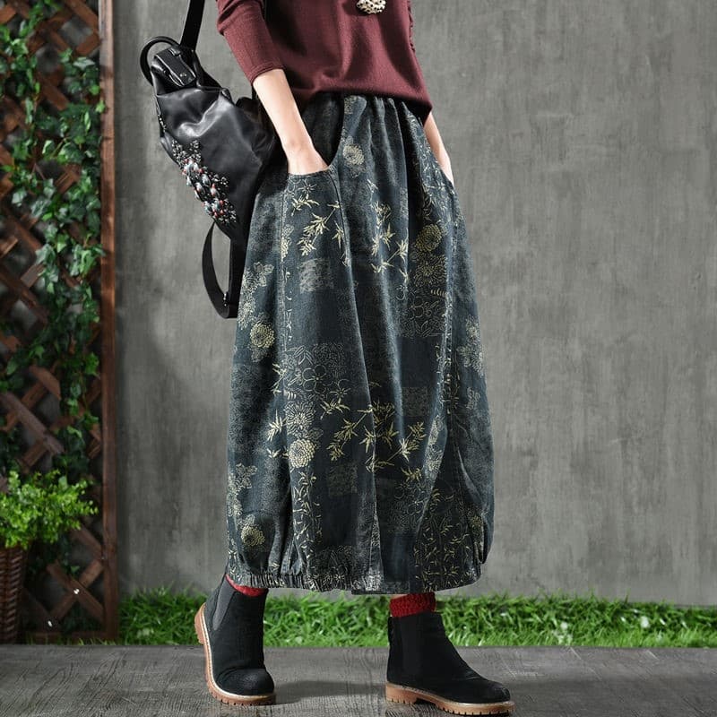 デニムスカート 草花模様ふんわりバルーンスカート
