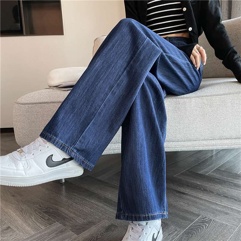 ストリートスタイル ハイウエストワイドレッグデニムジーンズ