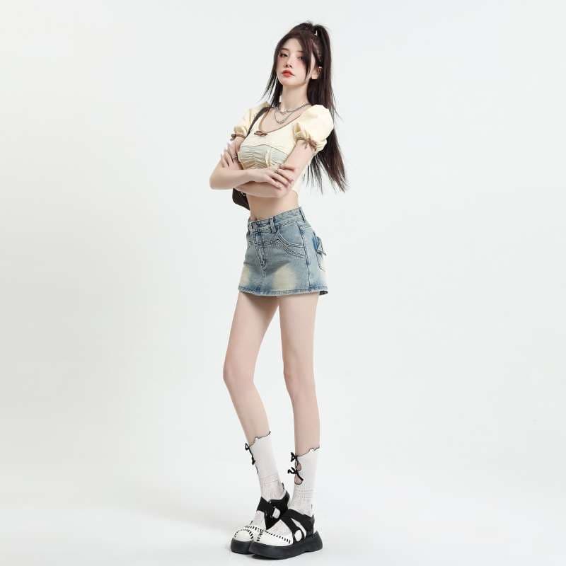 韓国スタイル ヴィンテージウォッシュ ミニデニムショートパンツ