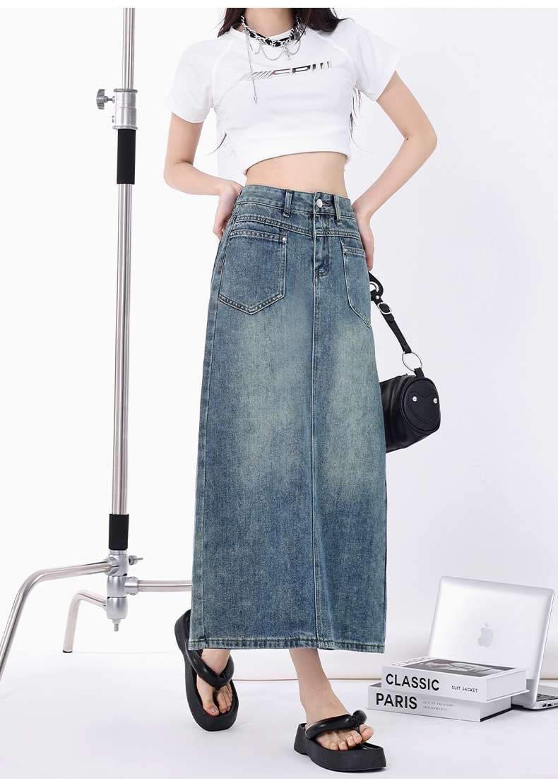 カジュアルスタイル ハイウエストデニムマキシタイトスカート