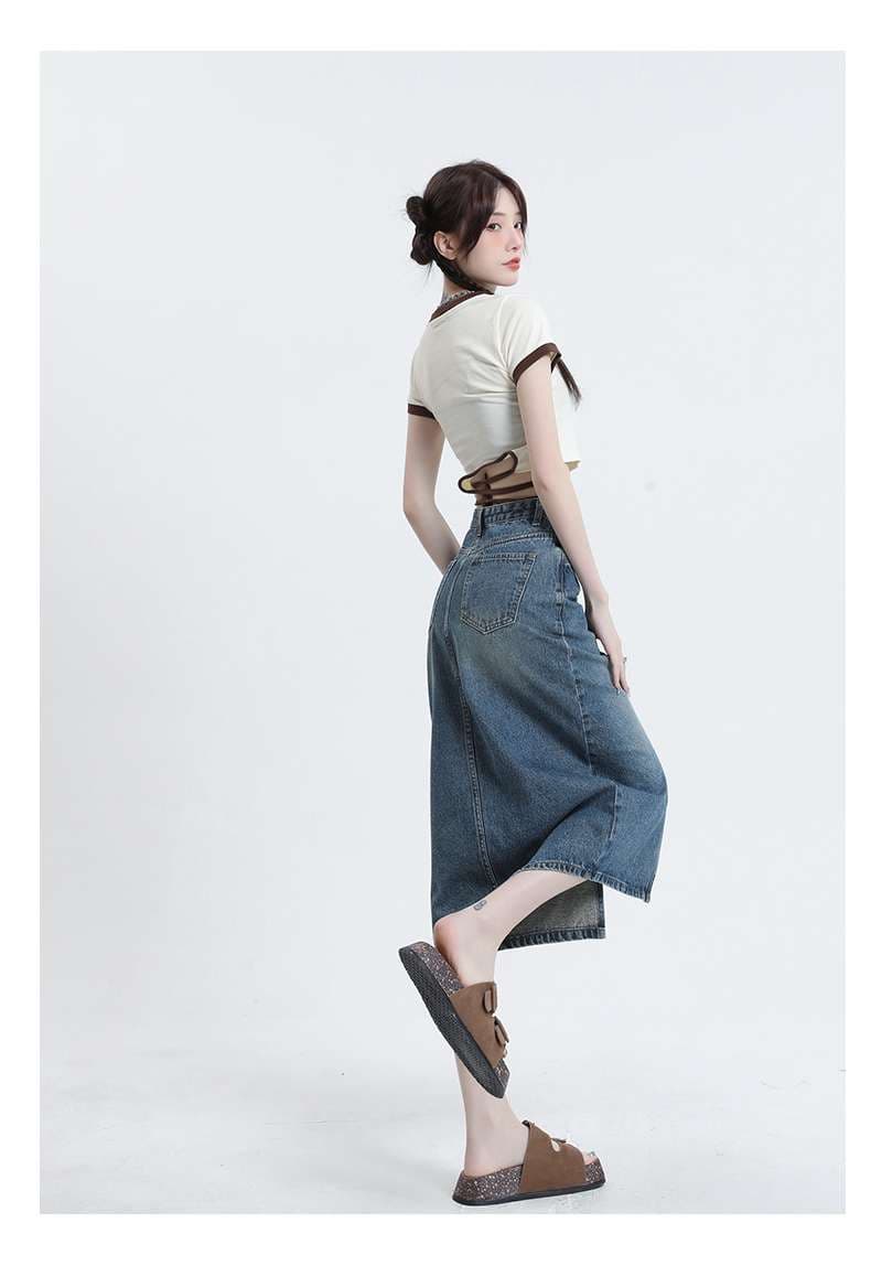 韓国スタイル　ミドル丈デニムタイトスカート