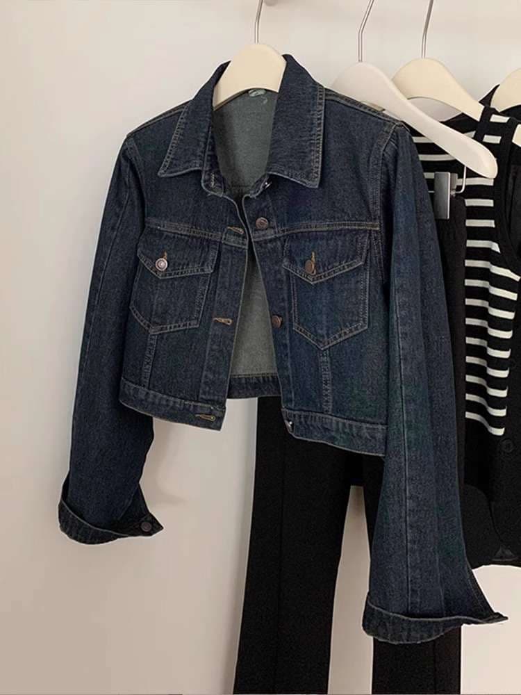 韓国スタイル クロップド丈クラシックデニムジャケット