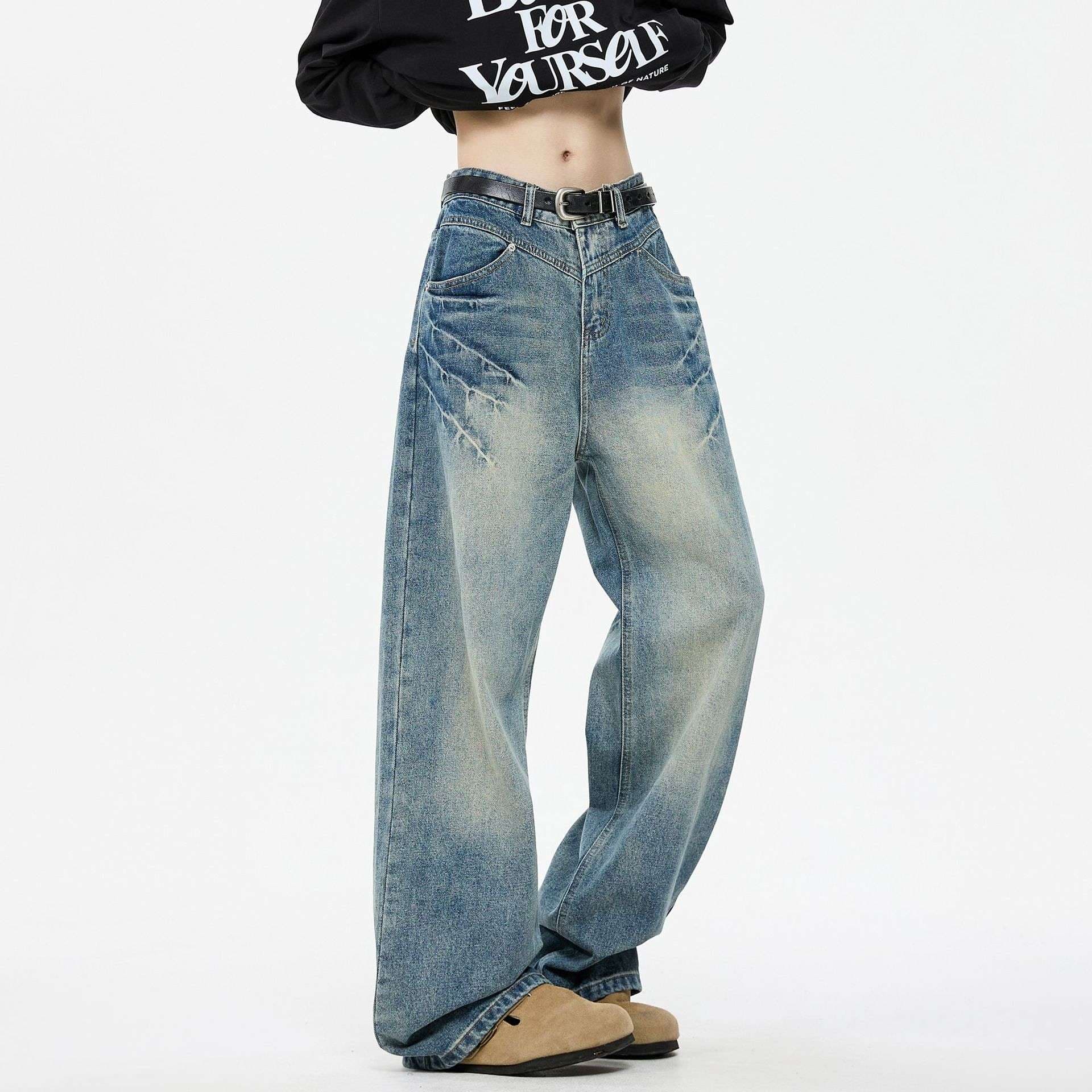 リラックスワイドストレートデニムパンツ