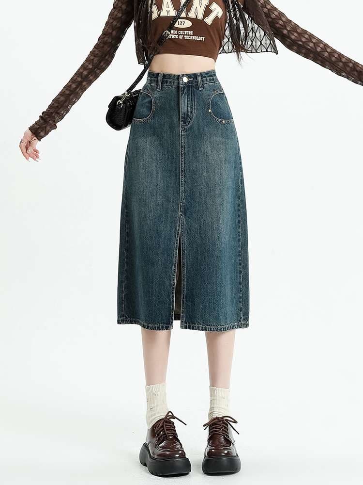 韓国スタイル デニムAラインロングタイトスカート