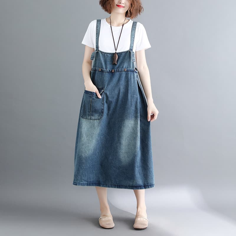 デニムスカート ゆったり楽ちん ミディ丈サロペットスカート