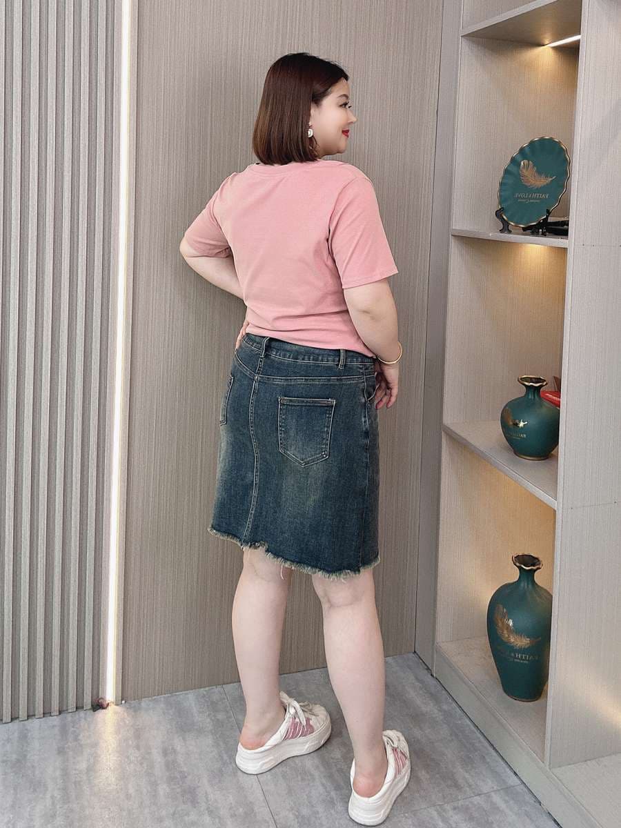 フリンジ裾デニムミディスカート