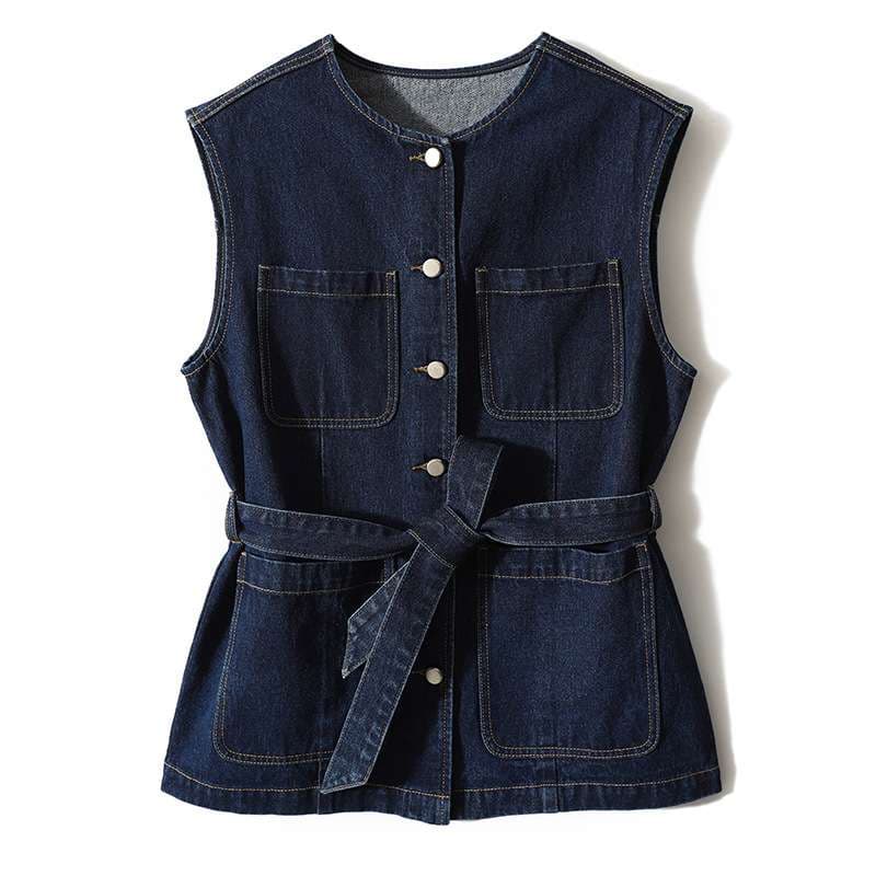 韓国スタイル ノースリーブデニムベスト ウエストベルト付き