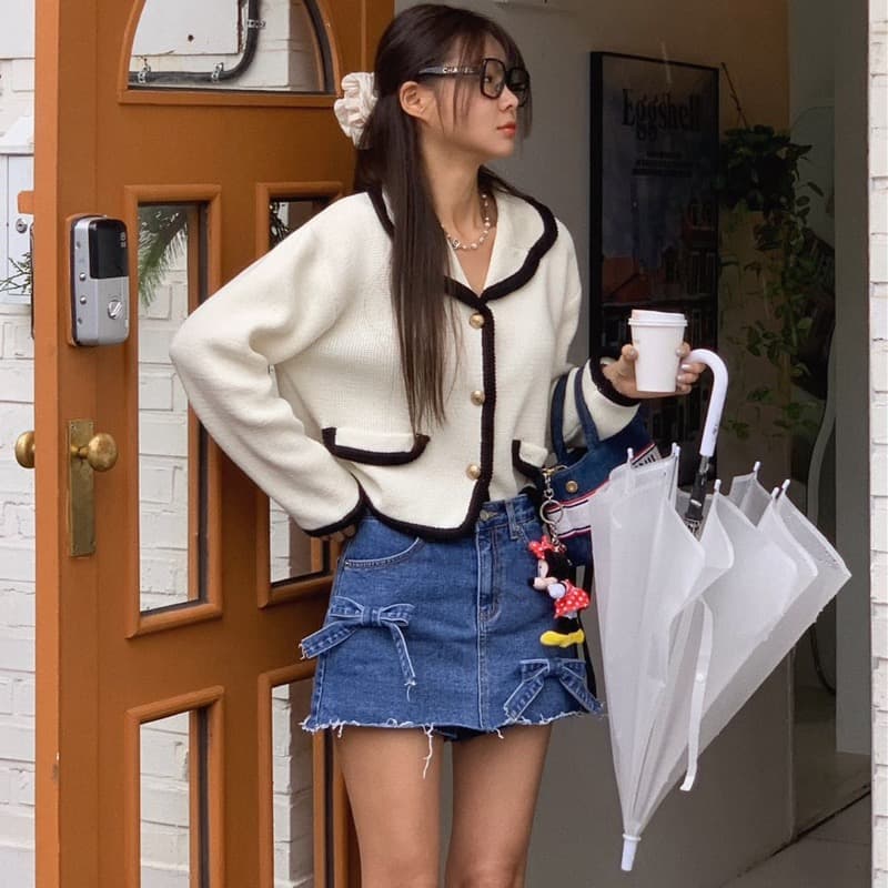 デニムスカート ハイウェスト ミニスカート リボンディテール付き