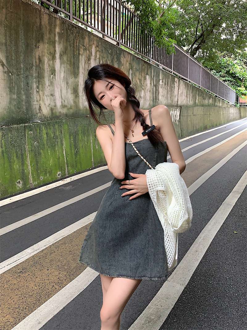 韓国スタイル 春夏デニムキャミワンピ×ニットカーディガンセット