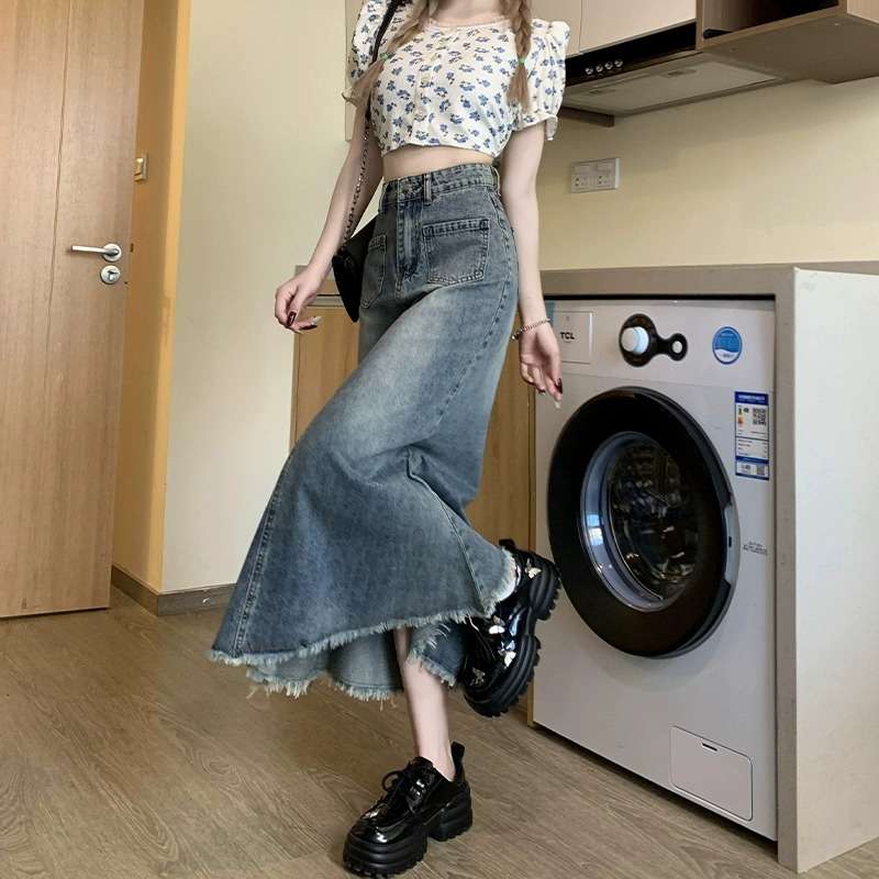 カジュアルスタイル フリンジ裾デニムマキシロングスカート