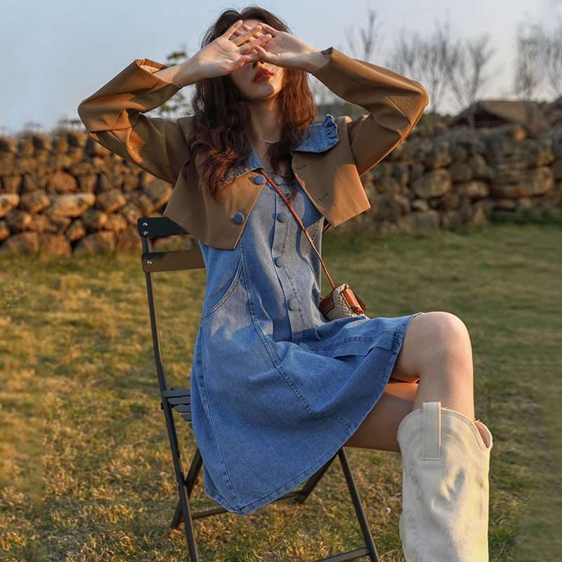 アメリカンスタイル 夏の風情デニムサロペットワンピース