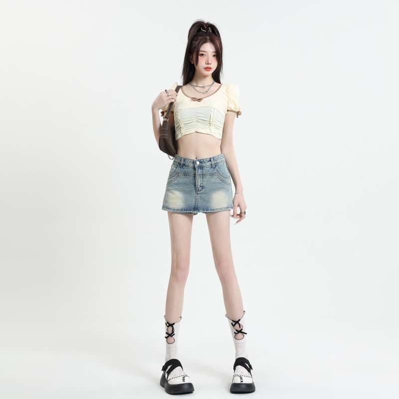 韓国スタイル ヴィンテージウォッシュ ミニデニムショートパンツ