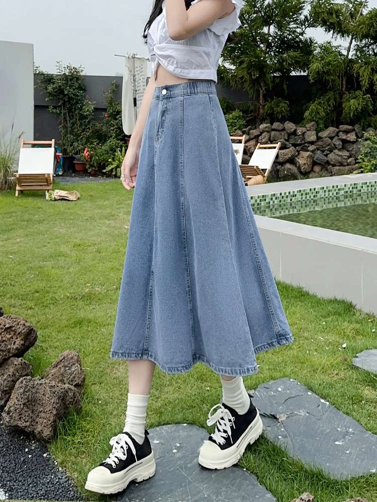 カジュアルスタイル ふんわりデニムフレアロングスカート