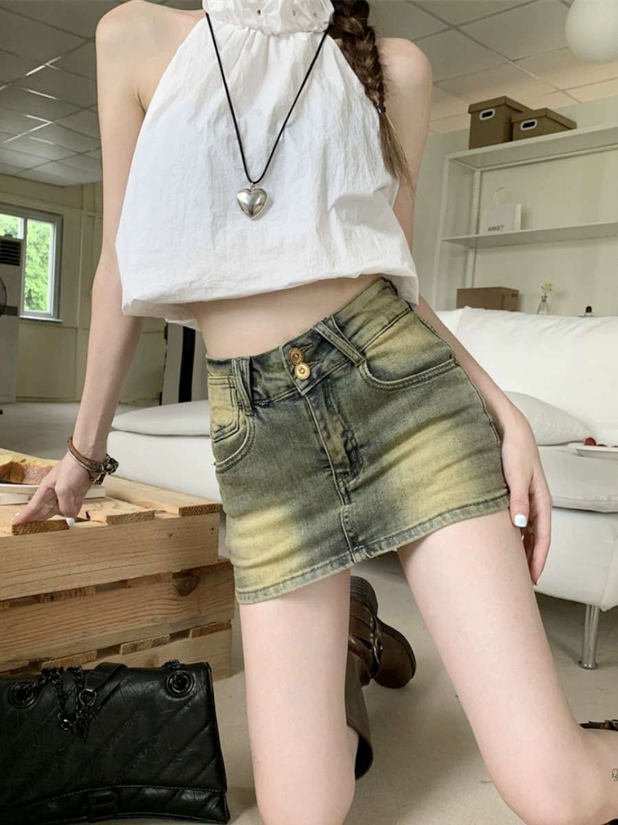 カジュアルスタイル　 ヴィンテージ風デニムミニスカート