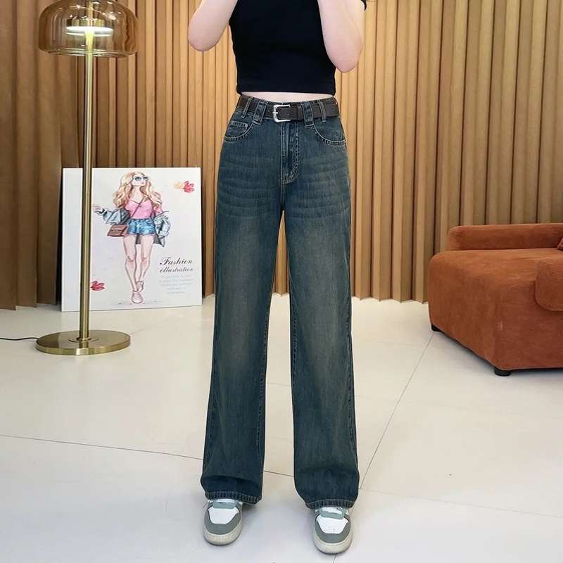 アメリカスタイル ハイウエストワイドレッグデニムパンツ