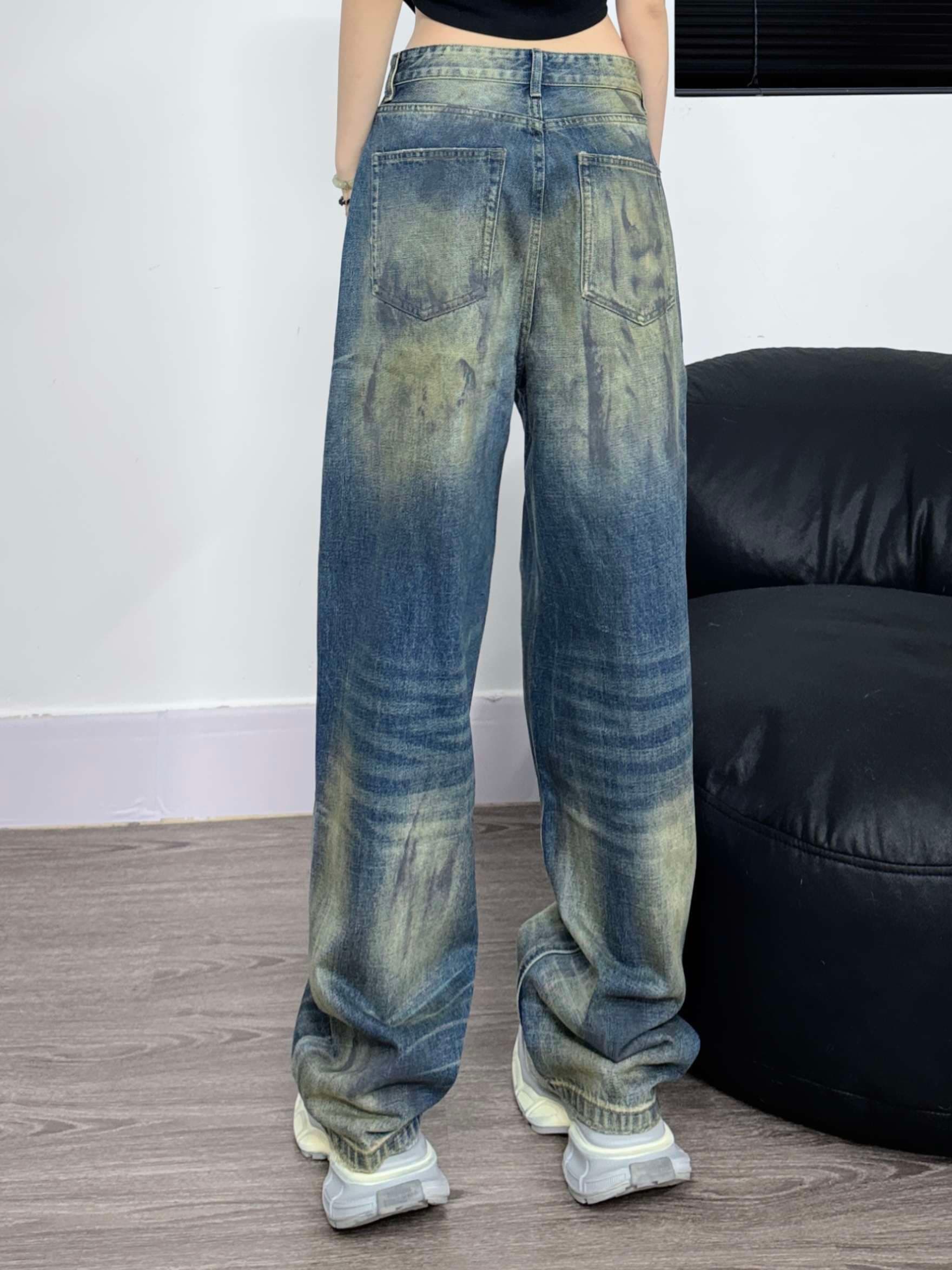 韓国ストリートスタイル ヴィンテージ風ダメージ加工ワイドデニムパンツ