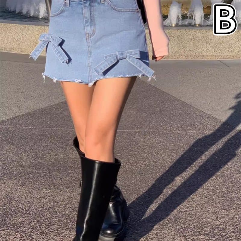 デニムスカート ハイウェスト ミニスカート リボンディテール付き