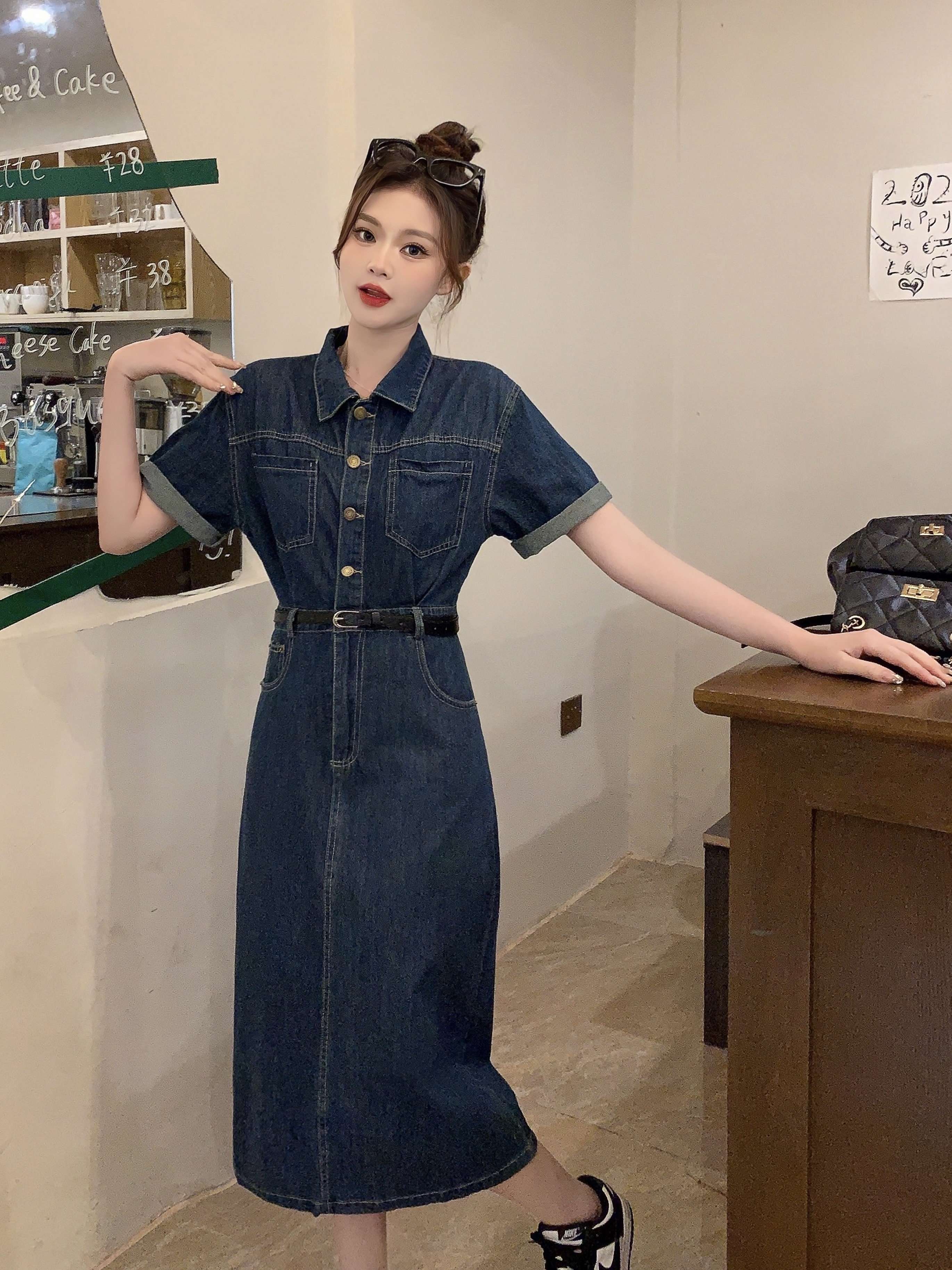 韓国スタイル クラシックデニムシャツワンピース