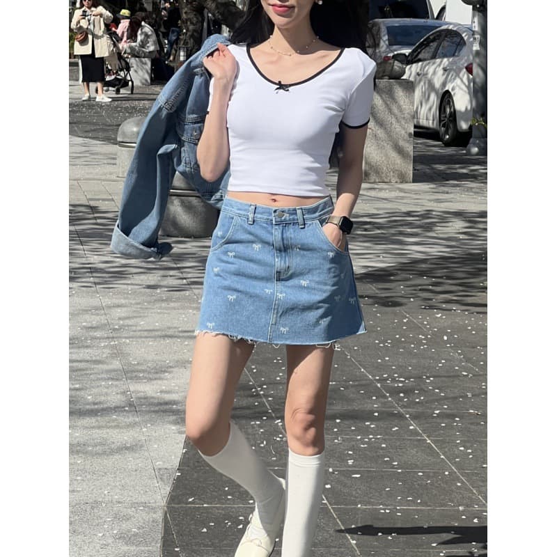 デニムスカート ハイウエストレースリボンデニムミニスカート