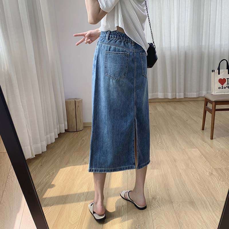 デニムスカート クラシックデニムミディスカートタイト