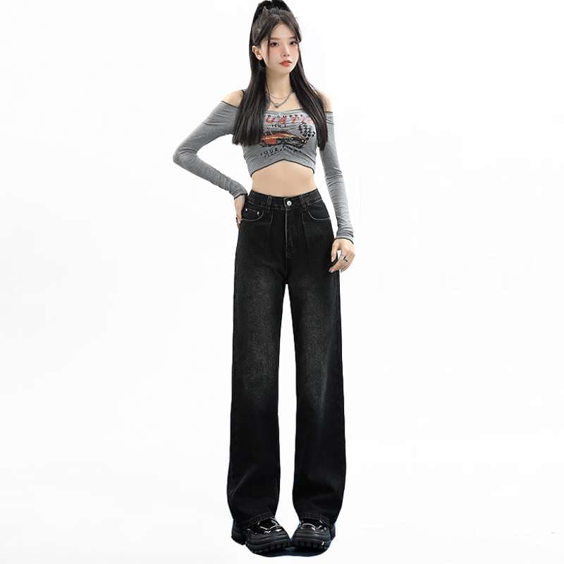 韓国スタイル ハイウエストワイドレッグデニムパンツ