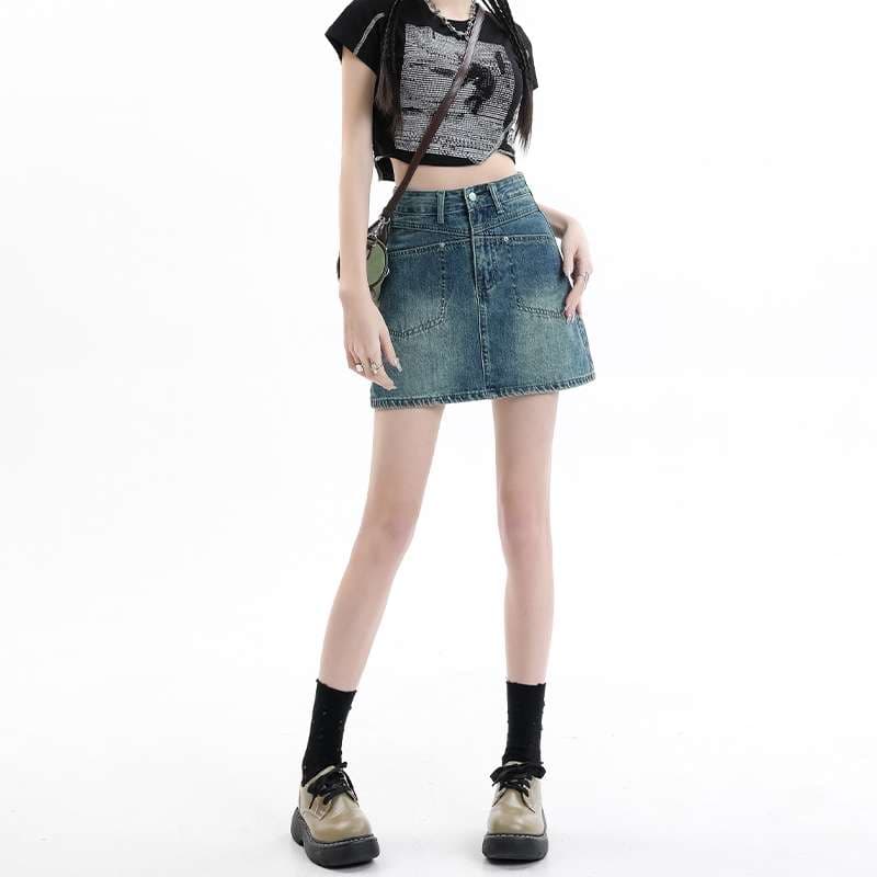 韓国スタイル ヴィンテージウォッシュ ミニデニムスカート