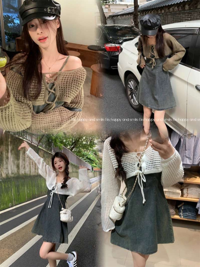 韓国スタイル 春夏デニムキャミワンピ×ニットカーディガンセット