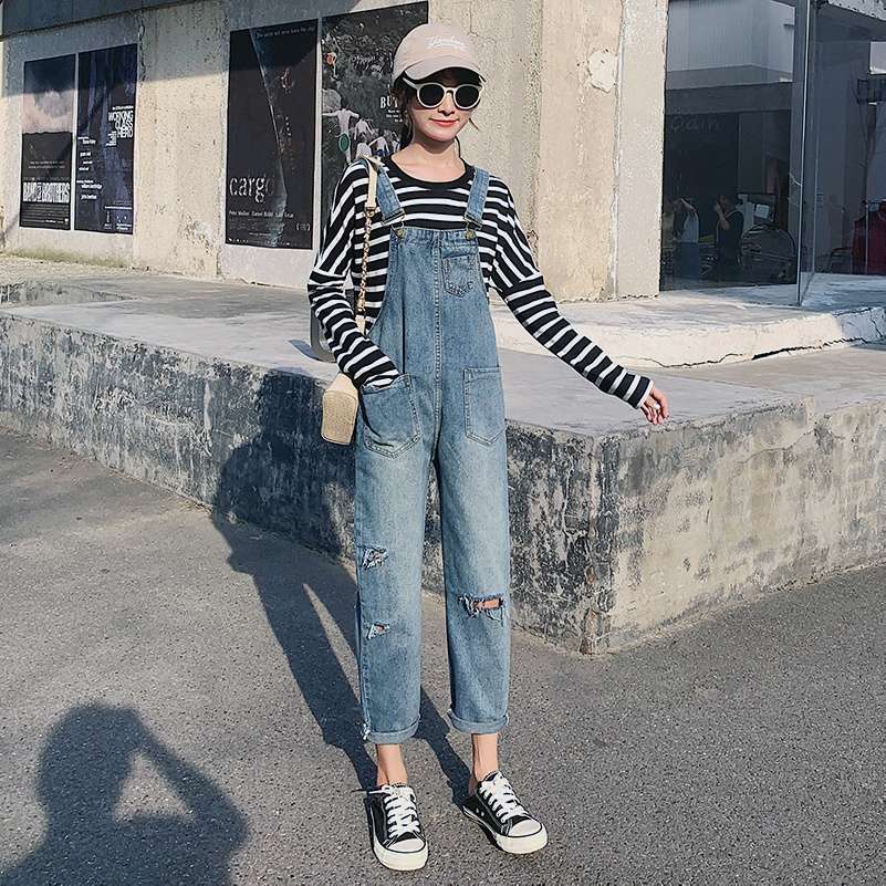 韓国スタイル ヴィンテージ風ダメージ加工デニムオーバーオール