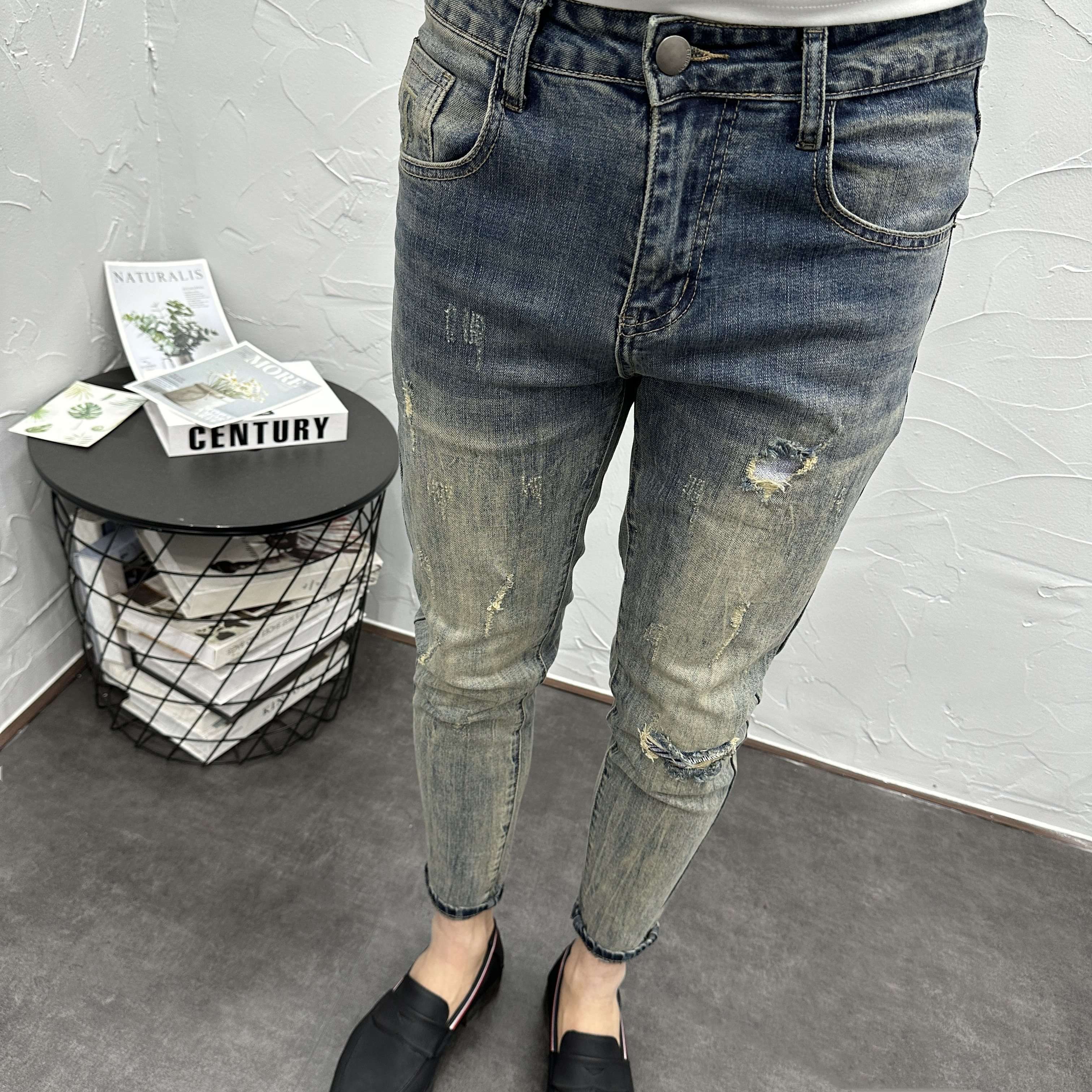 カジュアルスタイル ヴィンテージ風ダメージ加工スリムジーンズ