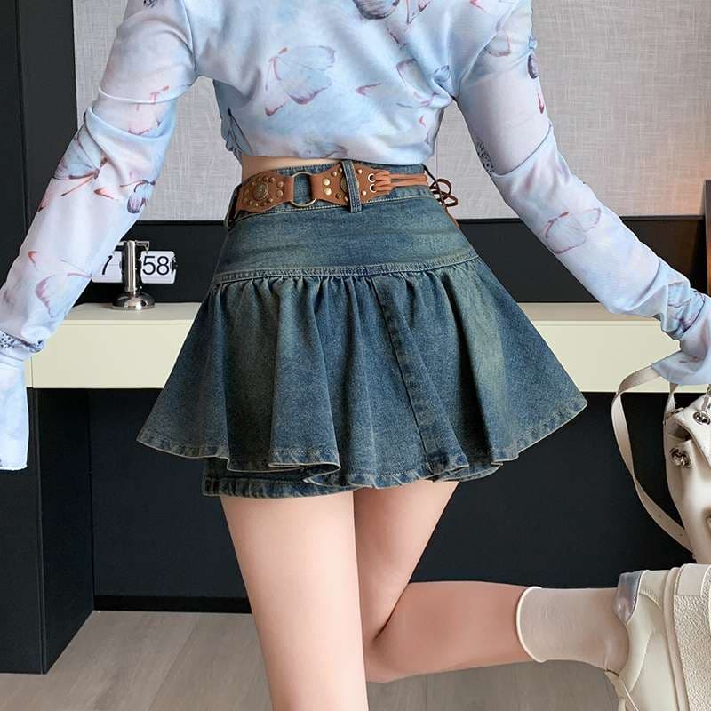 カジュアルスタイル フリルデニムミニスカート