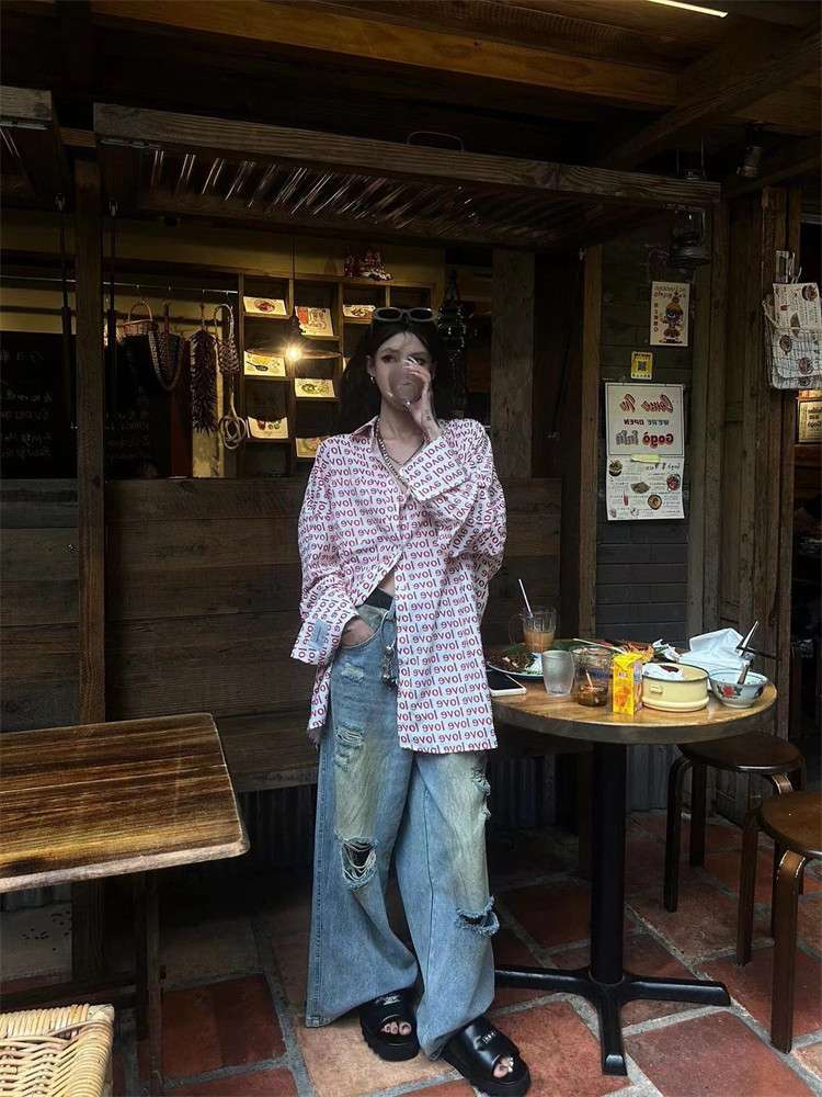 韓国スタイル 風ヴィンテージダメージワイドデニム