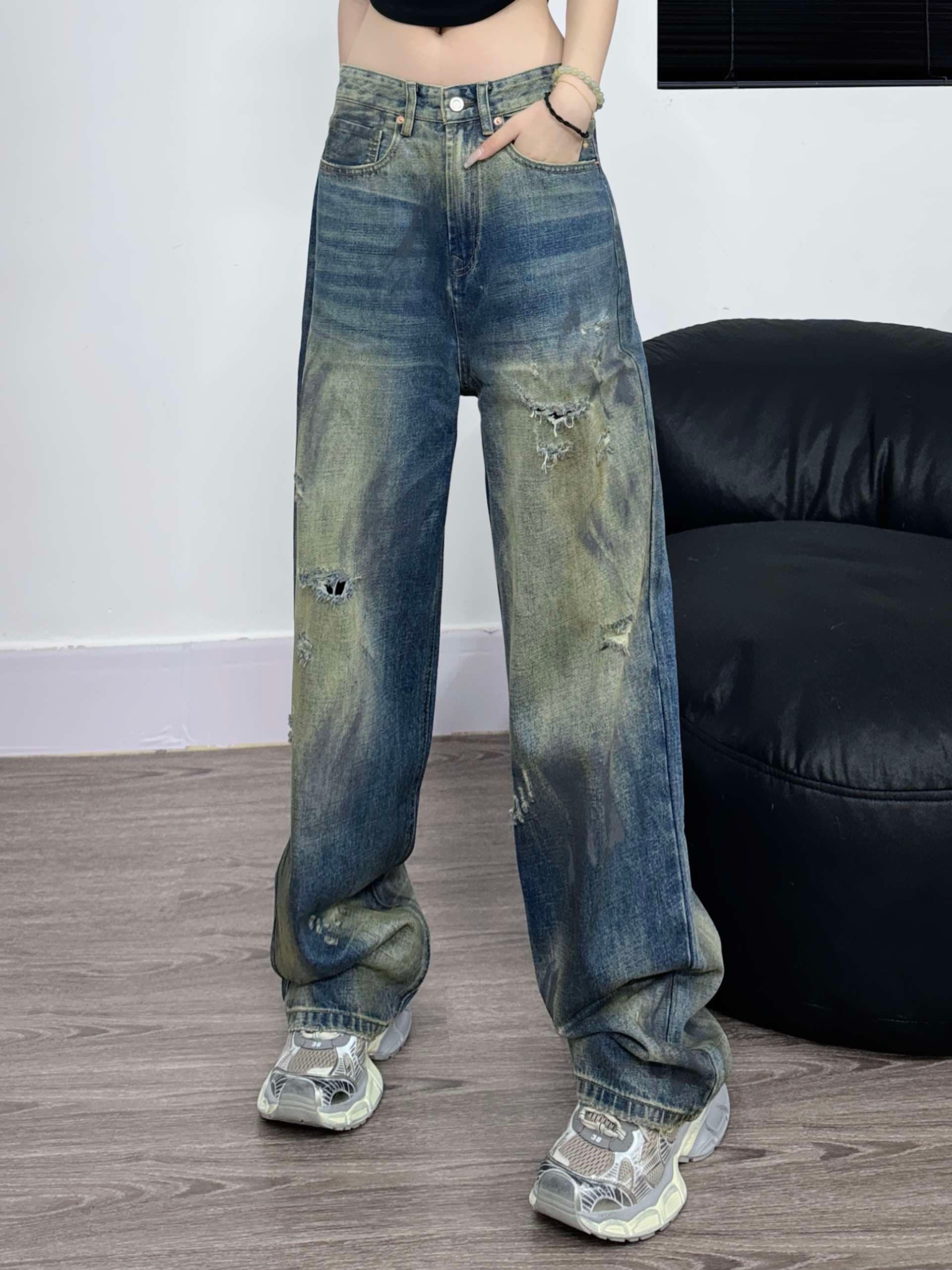 韓国ストリートスタイル ヴィンテージ風ダメージ加工ワイドデニムパンツ