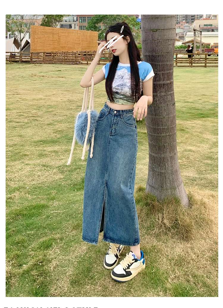カジュアルスタイル ハイウエストデニムロングタイトスカート