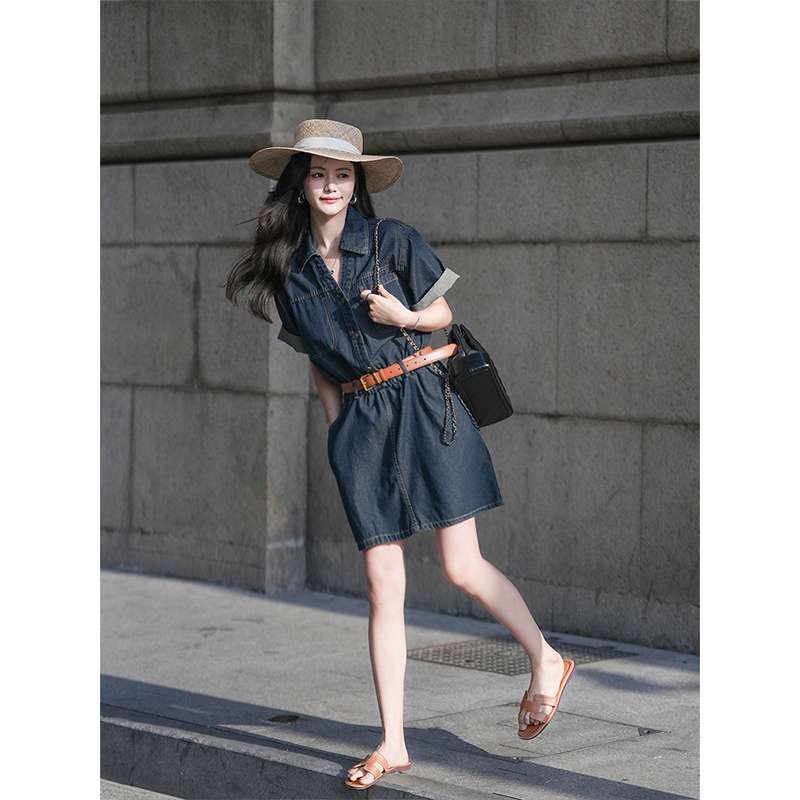 韓国スタイル 夏の涼しげデニムシャツワンピース