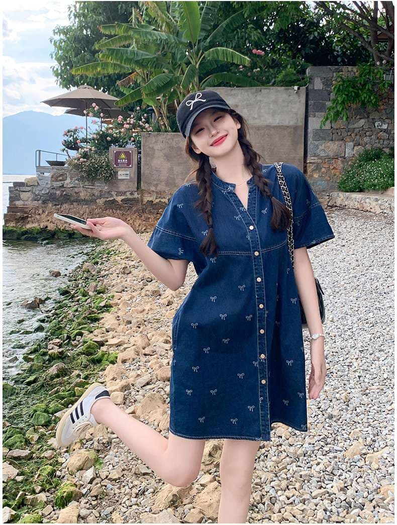 韓国スタイル リボン刺繍デニムシャツワンピース