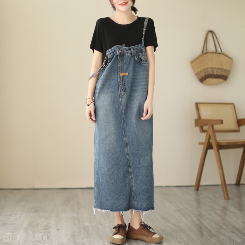 デニムスカート ゆったりシルエット デニムサロペットスカート